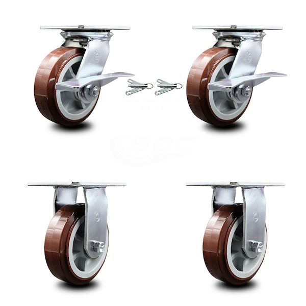 6 Inch Polyurethane Caster Brakes/Swivel Locks and 2 Rigid, 2PK